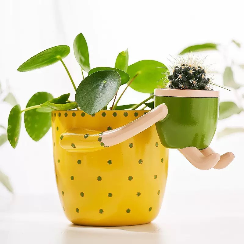 Plant Parent Pot - 樹脂製親子フラワーポット、排水穴付き、フラワーアレンジメント、多肉植物用花瓶、装飾的な水玉模様のフラワーポット