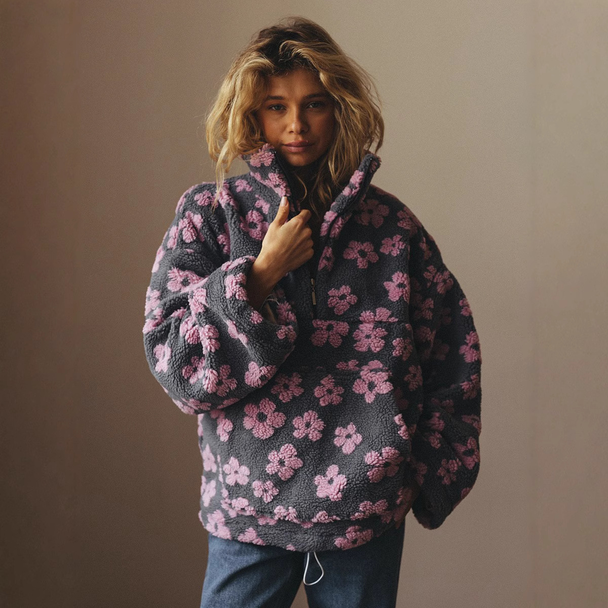 Plant Parent Hoodie - 女性の 2027New ポーラーフリースフラワーブロッサムセーターコットンセータールーズ暖かいファースタンドアップカラージッパートップスタイリッシュなスウェットシャツ