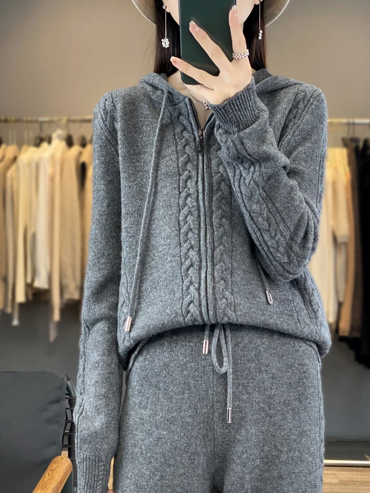 Plant Parent Hoodie - レディースピュアカシミヤフード付きカーディガン2点セット、ツイストフラワーデザインのゆったりとしたセーターとワイドレッグパンツ、ウール混紡