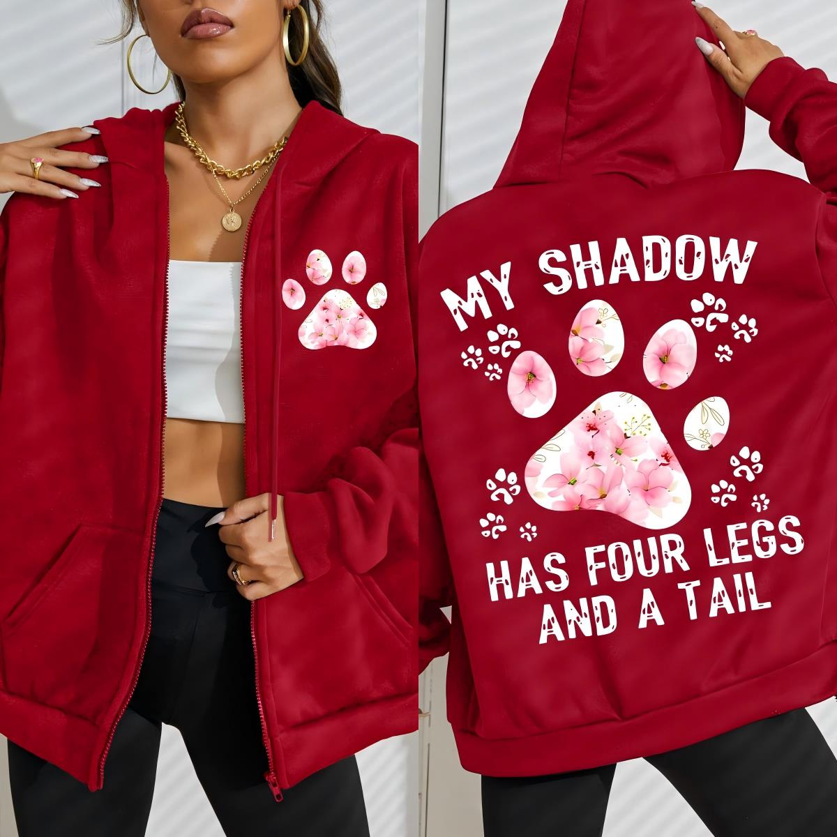 花猫の足、私の影は四本足と尻尾のプリントジッパーパーカー、女 - Plant Parent Hoodie のレビューと価格